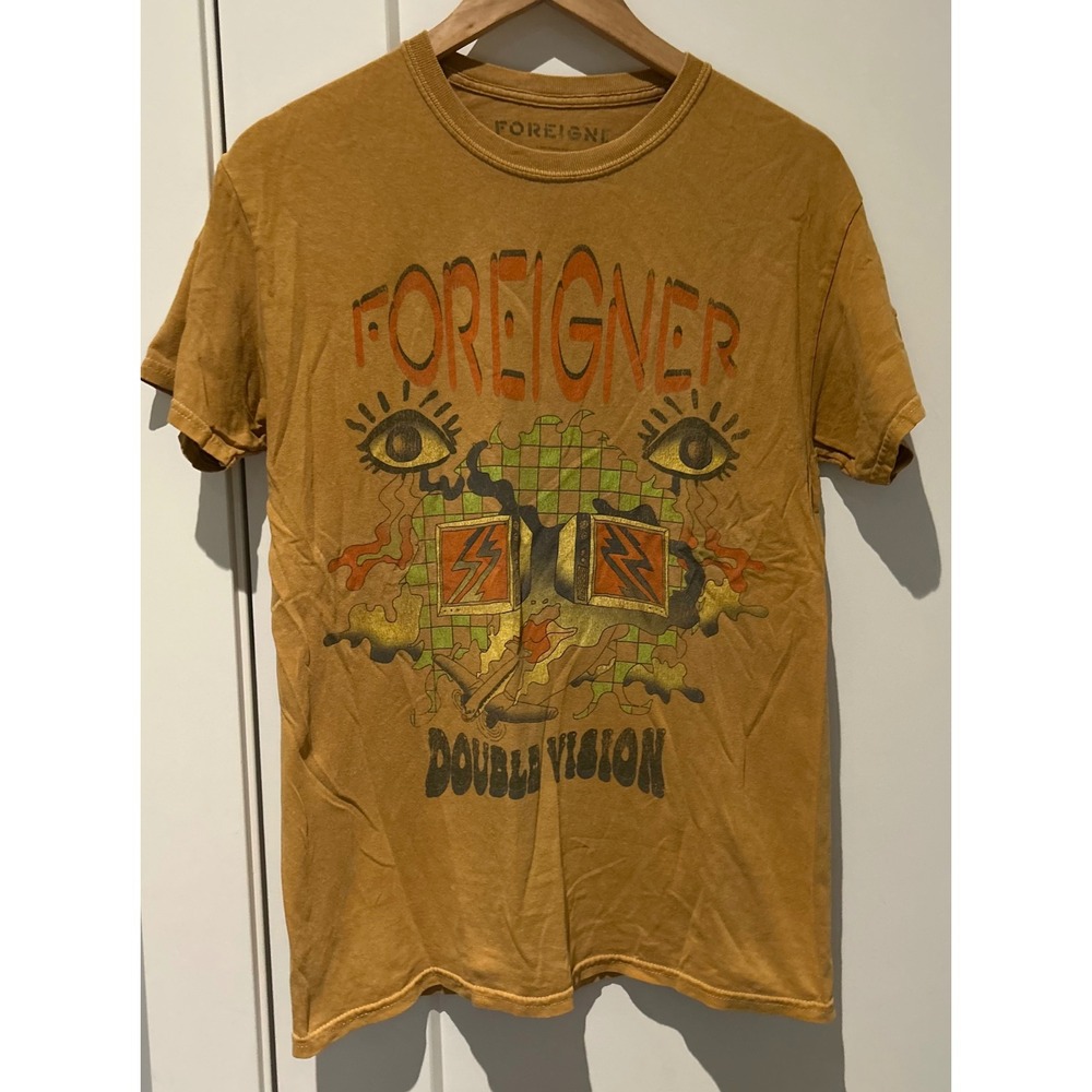 Foreigner Double Vision Band Shirt Mustard Yellow Graphic Tee Goodie Two Sleeves